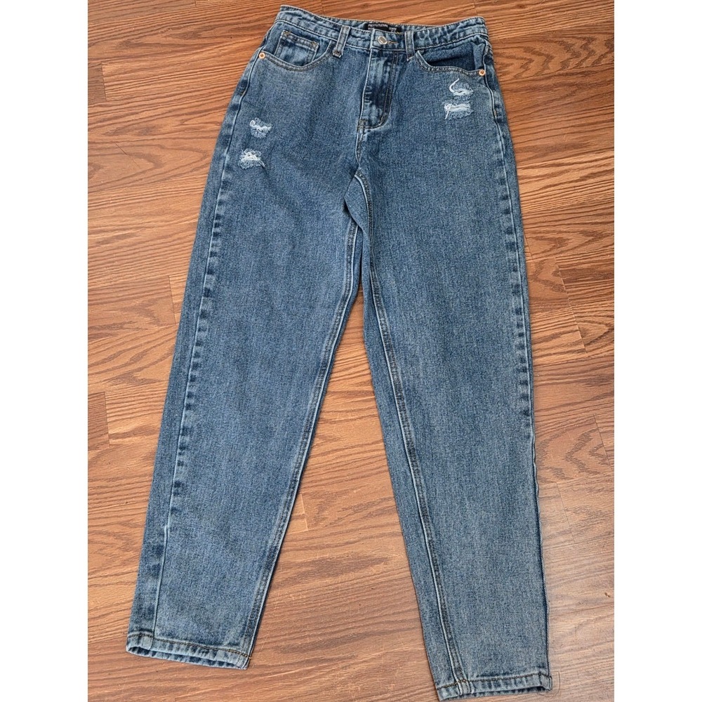 PrettyLittleThing Mom Jeans Womens US‎ 2 Blue Distressed High Rise Denim Tapered